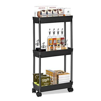 WASJOYE 3-Tier Slim Rolling Cart,Easy Assemble Mobile Storage Trolley On Wheels,Slide Out Utility Organizer Cart Shelving Units for Narrow Space