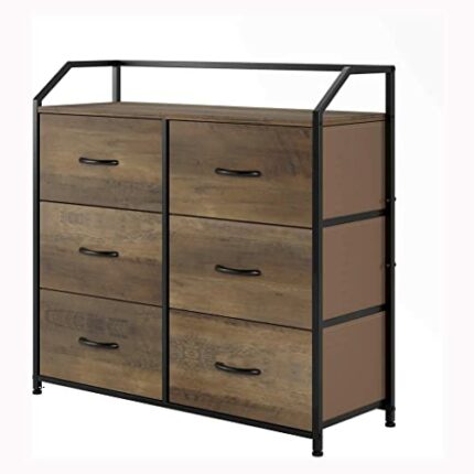 FGHOEV Fabric Chest Of 6 Drawers Cabinet Wood Top Storage Tower Closet Metal Stand