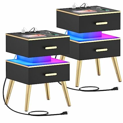 Cyclysio Night Stand Set 2 with Charging Station, Black Modern Nightstand Set of 2, Bedside Tables with Led Lights, Bed Side Table Night Stand wi
