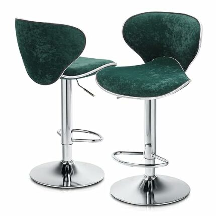 MoNiBloom Green Velvet Bar Stools Set of 2, Elegant Counter Height Barstools with Swivel Function, Sturdy Metal Base, Adjustable Kitchen Island S