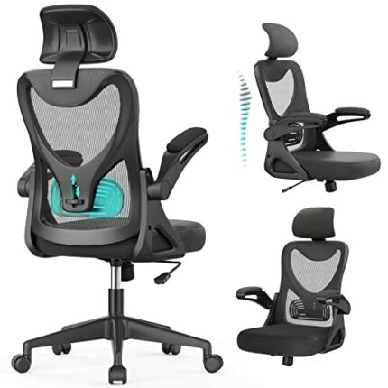 YONISEE Ergonomic Office Desk Chair with Adjustable Lumbar Support,Flip-up Armrest & Headrest, Comfy Seat Cushion Swivel Computer High Back Execu