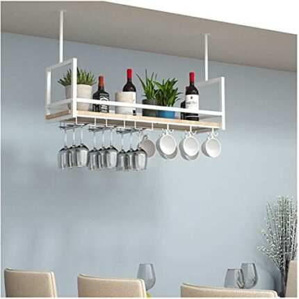 EMISOO Ceiling Shelf Hanger, Bar Counter Home Upside Down Hanging Wine Cabinet Shelf Creative Potted Green Plant Decoration Rack (Color : White,