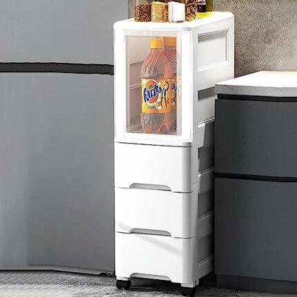 CIADAZ 3/4 Tier Rolling Storage Cart with Clear Drawers, Bathroom Floor Cabinet, Tall Bathroom Storage Cabinet Organizer Narrow Dresser Storage T