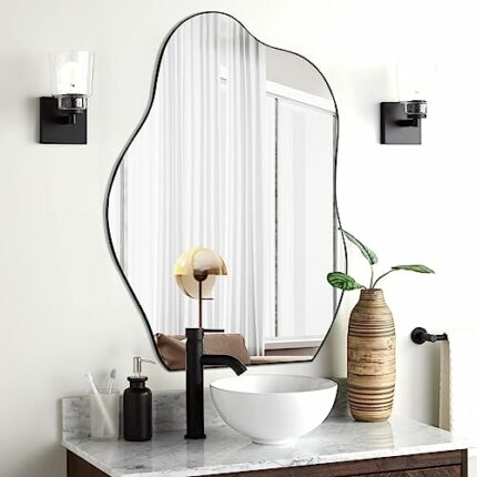 POZINO Irregular Mirror, Asymmetrical Mirror, Unique Shape Mirror, Squiggly Mirror, Morden Mirror for Wall Decoration, Black Framed Mirror for Ba