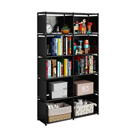 JIUYOTREE 6-Tiers Portable Bookshelf with Fabric Cloth at Back, 10 Cube Closet Storage Organiser Bookcase, Living Room,Study Room,Bedroom, Black