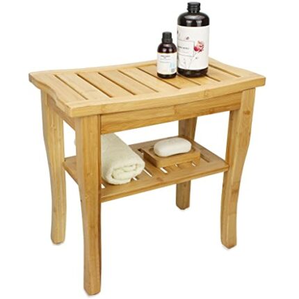 SMIBUY Bamboo Shower Bench, 2-Tier Wood Spa Bath Organizer Stool, Corner Bathroom Chair & Seat with Storage Shelf for Indoor Outdoor(Natural)