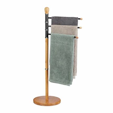 Relaxdays Towel Holder Stand, Adjustable, No Drilling, 3 Towel Rails, Bamboo, Metal, HWD: 94 x 48 x 48 cm, Natural 10024766