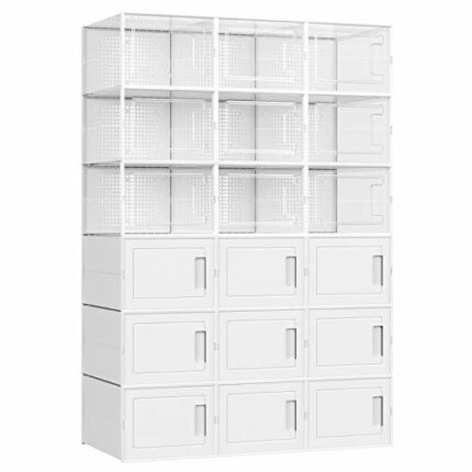 SONGMICS Shoe Boxes, Set of 18 Plastic Shoe Storage Organisers, Stackable and Foldable for Trainers, Fit up to UK Size 9, 9 Transparent Bins and 