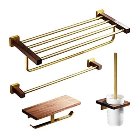 SMLJLQ Solid Wood Walnut Towel Rack Bathroom Towel Rack Bathroom Shelf Brushed Gold Bathroom Hanging Rod Wall Hanging Set