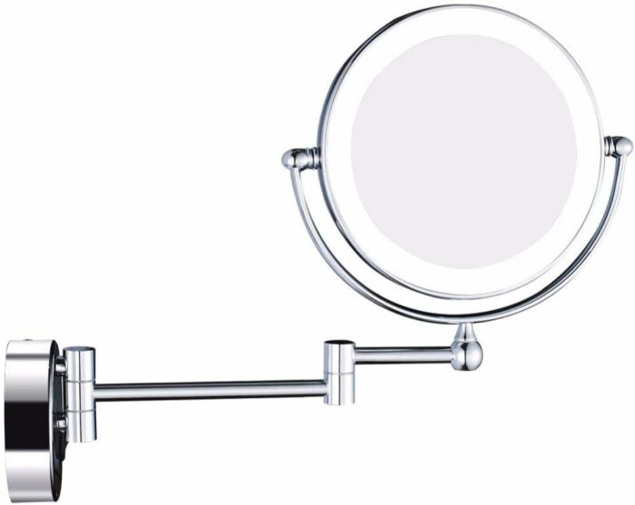 Wall Mounted LED Lighted Makeup Mirror, 8 inch Chrome Double Sided Brass Vanity Extendable Bathroom Mirror with Magnification, with Switch and Pl