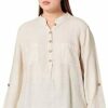 Bonateks, Buttoned Tunisian Collar Blouse with Front Pockets, 100% Linen, UK Size: 12, US Size: XL, Tops, Linen - Made in Italy, White, 14