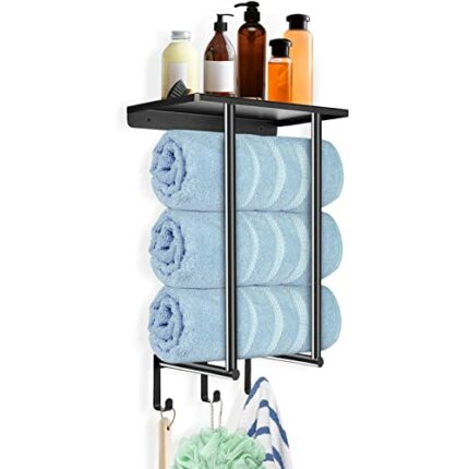 Jhua Towel Racks for Bathroom Wall Mounted Towel Rack for Rolled Towels with Metal Shelf and 3 Hooks Can Hold up 3 Large Rolled Towels, Wall Towe
