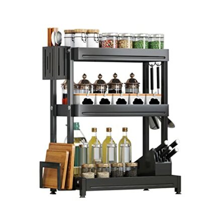 Redwestmelon Kitchen Storage Shelf Spice Rack Free-Standing Spice Organizer Holder 3 Tier Countertop Seasoning Rack Chopping Board Rack Knife Hol