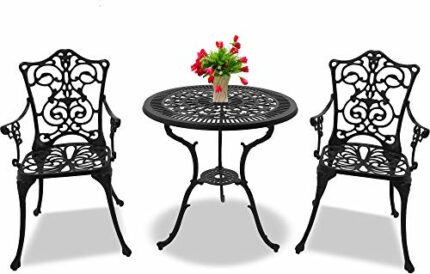 Centurion Supports TABREEZ Garden & Patio Table & 2 Large Chairs with Armrests Cast Aluminium Bistro Set - Black