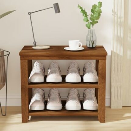 Aroktake Small Shoe Rack Bench, 2-Tier Wood Heavy Duty Shoe Organizer Shelf for Entryway, Living Room,Bedroom (Natural, 23")