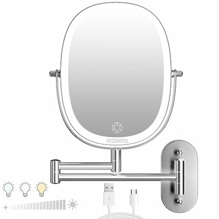 TOUCHFEEL Wall Mounted Makeup Mirror, 9 Inch 1X/7X Magnifying Mirror with 3 Color Light, Double Sided 360° Swivel Extendable Bathroom Mirror with