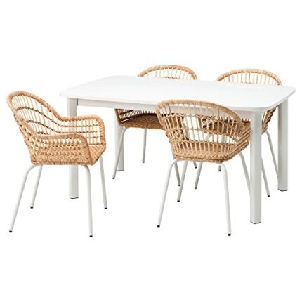 IKEA NILSOVE/STRANDTORP table and 4 chairs, 150/205/260 cm, white/rattan white