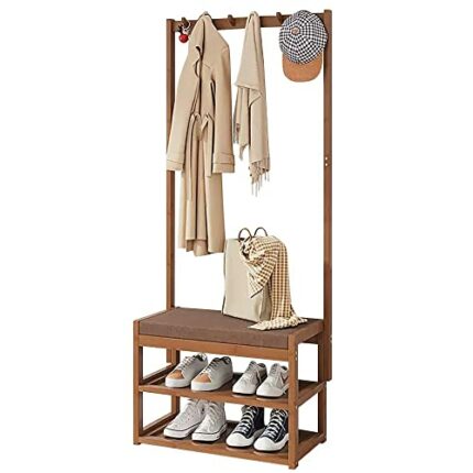 Clothes rack bamboo, coat rack with bench, clothes rack with 5 hooks and shoe rack, multi-purpose open clothes rail wood for hallway living room,