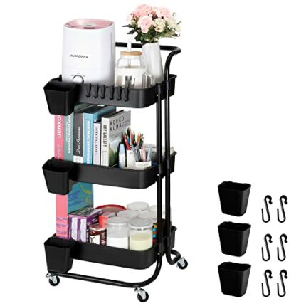 Bemece 3 Tier Rolling Trolley, Movable Metal Utility Cart on Wheels with Handle, Multifunctional Storage Organiser for Kitchen Bathroom Laundry a
