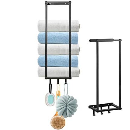 Bathroom Towel Rack Wall Mounted, Wall Bath Rolled Towel Racks Holder with Hooks, MERYSAN Metal Bath Towel Storage Organizer for Large Beach Show