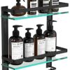 Vdomus Tempered Glass Bathroom Shelf with Towel Bar Wall Mounted Shower Storage, Brushed Silver Finish 15.2 X 5 X 16.1 inches 2 Tier Glass Shelf