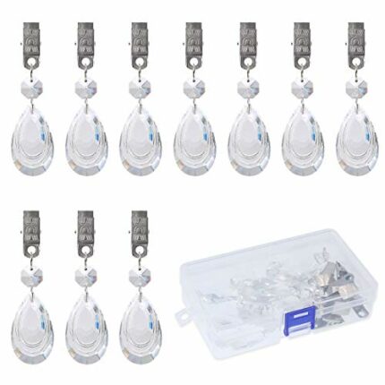 Swpeet 10Pcs Water-Drop Tablecloth Weights with 10Pcs Metal Clip Kit, Crystal Glass Teardrop Prisms Pendant Tablecloth Weights for Picnic Tables