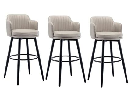 DWILKE 26 Inch Counter Height Bar Stools Set of 3 Swivel Barstools with Low Back Kitchen Island Bar Chair with Arms, Nappa Leather Metal Base Uph