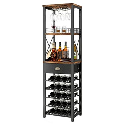 Homeiju Wine Rack Freestanding Floor, Bar Cabinets for Liquor and Glasses, 4-Tier bar cabinet with Tabletop, Glass Holder, Storage Drawer and Win