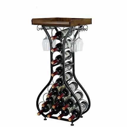 Linego 14 Bottles of Wine Rack Freestanding Floor,Rustic Wood Countertop Wine Rack,Metal Wine Rack Small Wine Bottle Holder Stand,Assemble Wine S