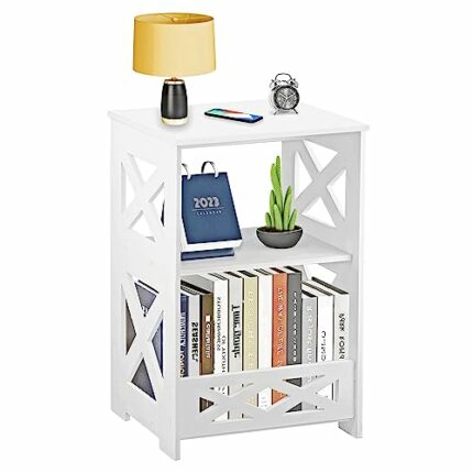 BYFU 3-Tier Side Table, Small End Table with Storage Shelf, White Nightstand Bedside Table Bookshelf Bookcase Display Rack for Small Spaces Bedro