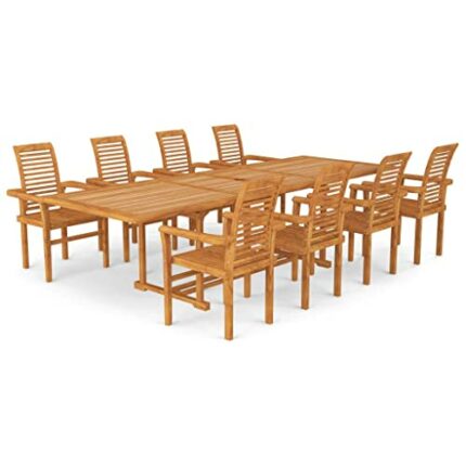vidaXL Solid Teak Wood Garden Dining Set 9 Piece Table and Chair Furniture Outdoor Garden Patio Dinner Breakfast Wooden Chair Desk