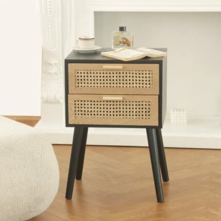 AWASEN Mid Century Nightstand, 2 Rattan Drawers Wood Nightstand End Table, Modern Bedside Table with Storage for Living Room, Bedroom, Black Waln