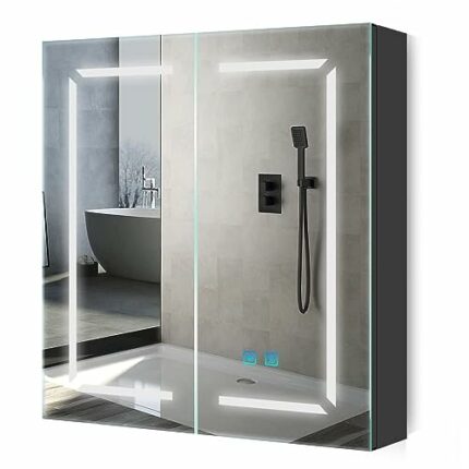 Quavikey® Bathroom Mirror Cabinet with Lights and Shaver Socket 2 Doors Black LED Medicine Cabinet Wall Mounted with Shelf and 3 Color Strip Ligh