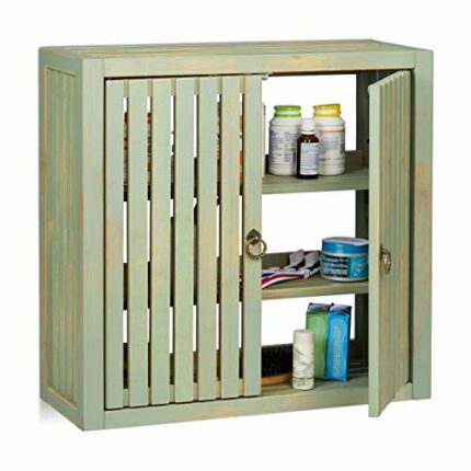 Relaxdays Wall Cabinet Vintage, Bamboo, 2 Doors, Magnet Latch, 2 Shelves, Bathroom & Kitchen, HWD 50 x 52 x 20 cm, Light Green