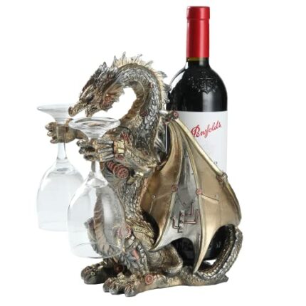 HEINBOW Steampunk Dragon Wine Bottle Wine Holder Statue with Two Wine Glasses Holder Wine Rack Gothic Decor Metallic Look for Home Decor Gifts fo