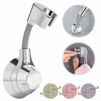 Shower Head Holder, 360° Adjustable Hand Shower Holder No Drilling Shower Holder Wall Mount Shower Holder Bracket with 3 Swinging Hooks Strong Pa