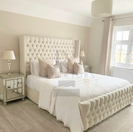 RN INTERIORS Cream Wingback Bed Frame Double King Size Super Cream Plush (5ft King Size)