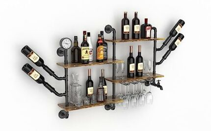 bimiti Industrial Wall Mounted Wine Rack 100 x 75cm 2 Tier Wine Storage Shelf Metal & Wooden Wall Wine Champagne Bottle Holder with 4 Stemware Ra