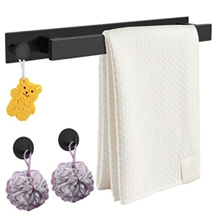 FUNYKICH Bathroom Towel Rail, Self Adhesive Towel Rail Black Towel Holder with 2 Hooks for Bathroom Kitchen, 40cm, SUS304 Stainless Steel, No Dri
