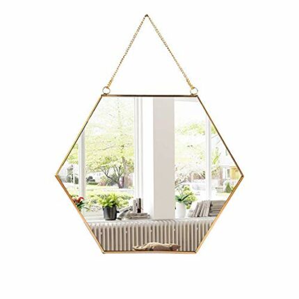 C&Z Hanging Wall Hexagon Mirror Decor Gold Geometric Vintage Style Mirror with Chain for Bathroom Bedroom Living Room 15.7"x 13.6"