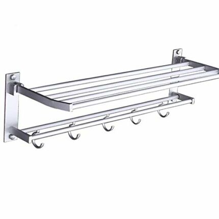 QUIM Bathroom Towel Racks Foldable Alumimum Chrome Towel Holder Wall Mounted Towel Shelf with Hooks