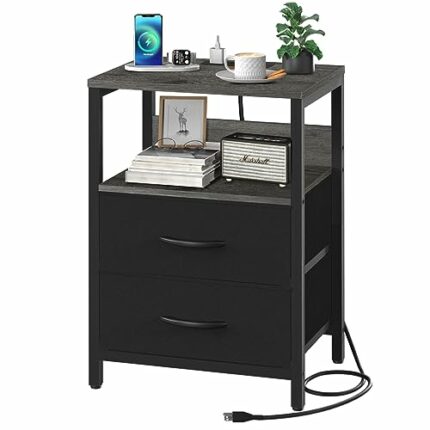 Yoobure Nightstand with Charging Station, Small Night Stand with Fabric Drawers and Storage Shelf for Bedrooms, Nightstands for Small Spaces, Bed