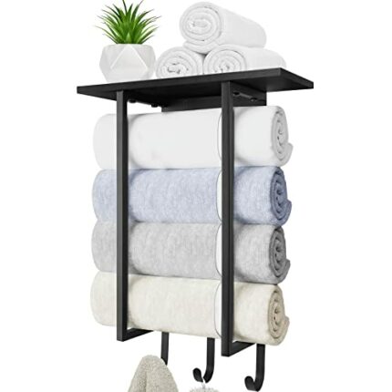 ELITEROO Towel Racks for Bathroom Wall Mounted, Towel Holder with Wooden Shelf and 3 Hooks for Washcloths Hand Towel, Bath Towel Storage Organize