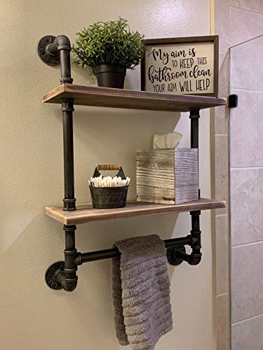 FODUE Industrial Pipe Bathroom Shelves Wall Mounted 2-Shelf,Rustic Pipe Shelving Wood Shelf with Towel Bar,Pipe Floating Shelves Towel Holder