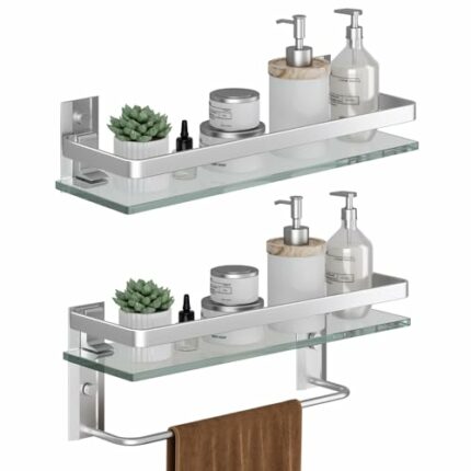 Danpoo Bathroom Shelves Wall Mounted, Tempered Glass Bathroom Shelf with Towel Bar(2 Tier, Matte Silver)