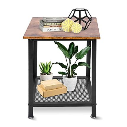Ejoyous Industrial Nightstand Coffee Table, Modern Square End Table Coffee Table with Storage Grid Sturdy Wrought Iron Side Table for Bedroom Liv