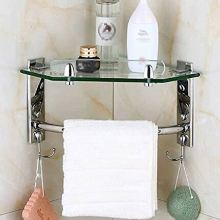 N/A Bathroom 2-Tier Glass Corner Shelf With Towel Bar Wall Mounted Extra Thick Tempered Glass