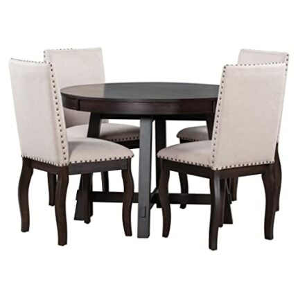 WALNUT 5 Piece Farmhouse Dining Set Wooden Round Extendable Dining Table And 4 Upholstered Dining Chairs