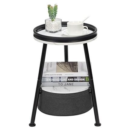DREAMSOULE Small Side Table with Storage, Sofa End Table Round 2 Tier End Table with Basket and Storage Tray for Indoor Outdoor Patio, Round Nigh