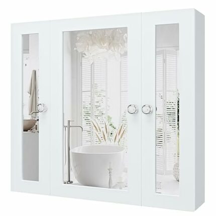 BUBFUL Bathroom Mirror Cabinet Wall Mounted Medicine Pharmacy Cabinets with 3 Doors, Waterproof PVC White Color